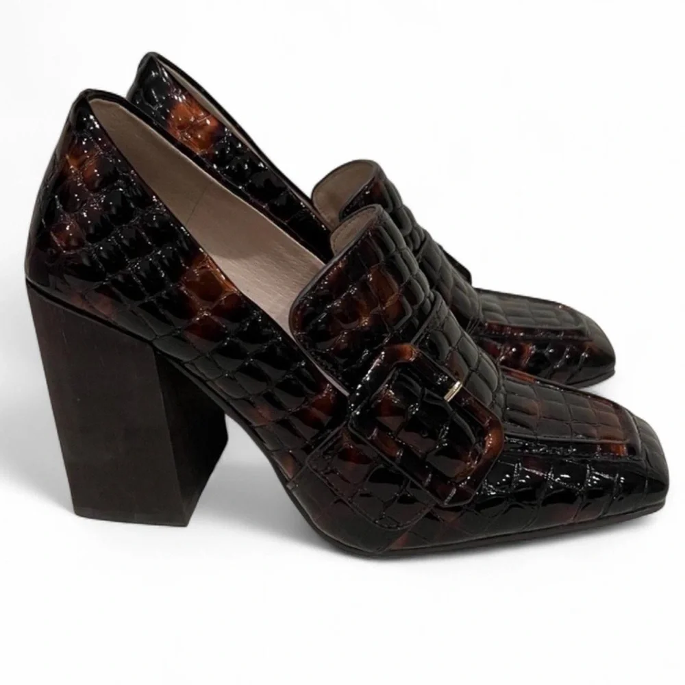 Louise et Cie Ovidio Tortoise Croc Embossed Leather Loafer Heels 7